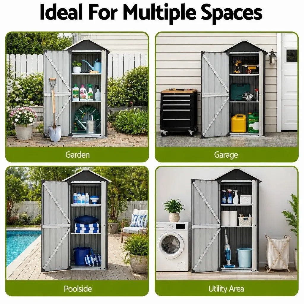 Outdoor Storage Cabinet Vertical Garden Shed Steel Tool Lockable Black 78cm x 56cm x 178cm