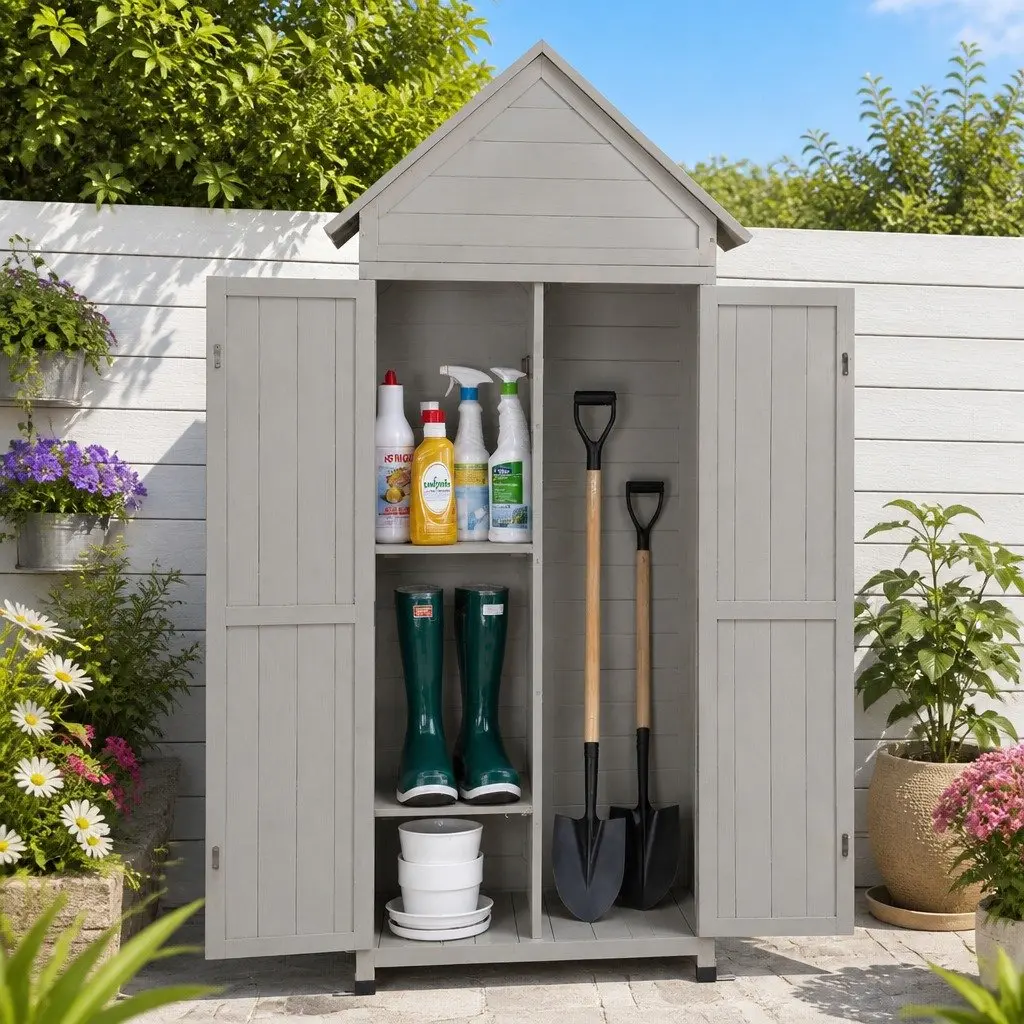 Outdoor Storage Cabinet Tool Organizer Lockable Grey 3 Tier