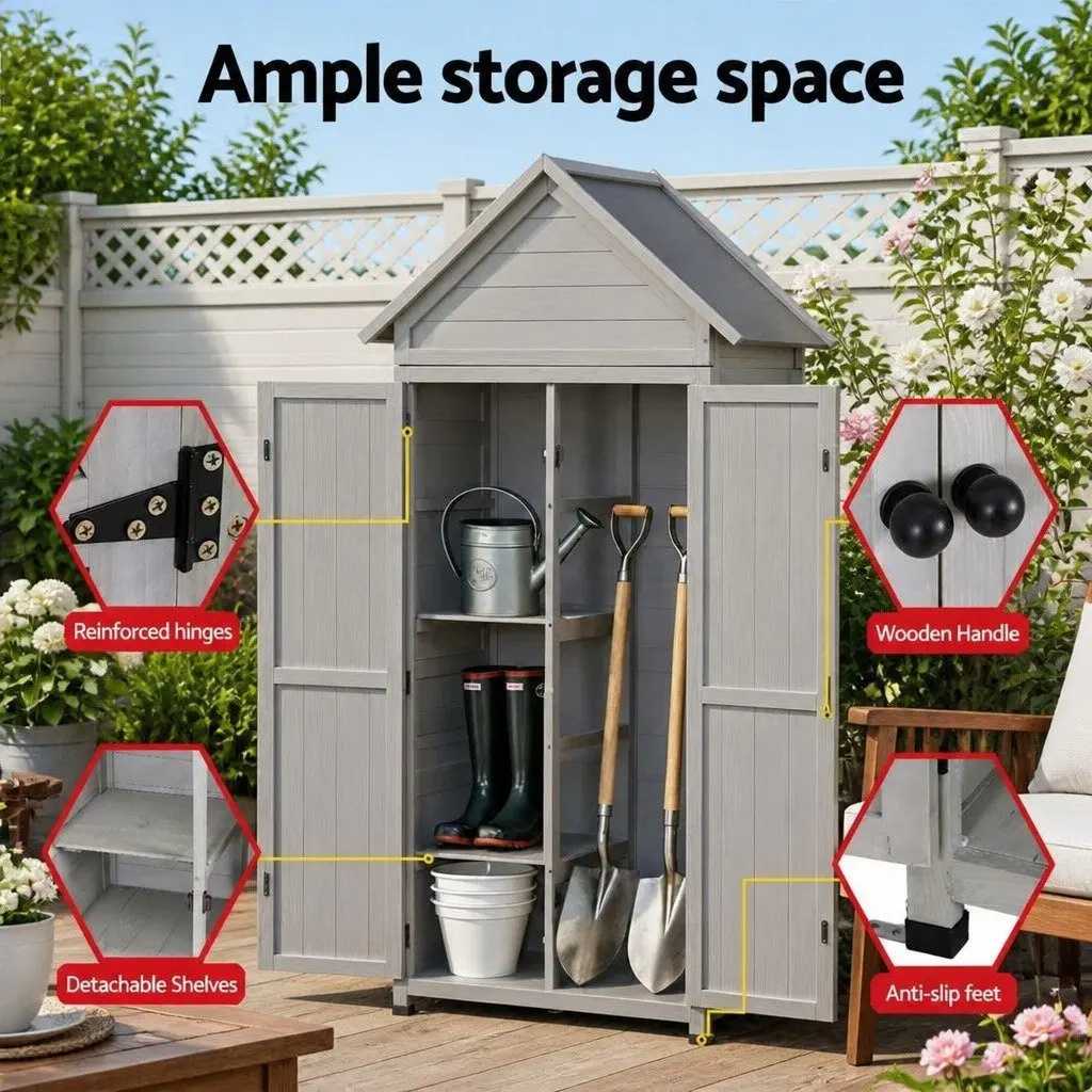 Outdoor Storage Cabinet Tool Organizer Lockable Grey 3 Tier
