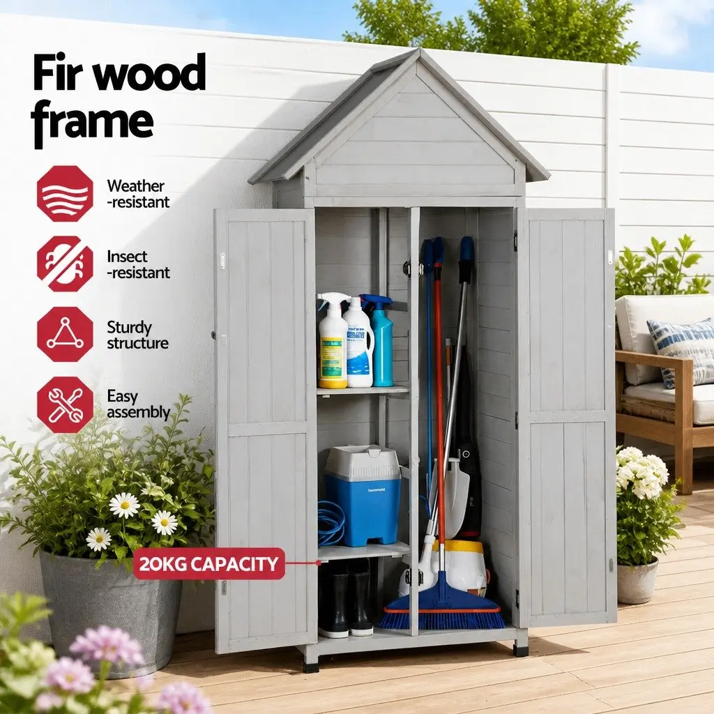Outdoor Storage Cabinet Tool Organizer Lockable Grey 3 Tier