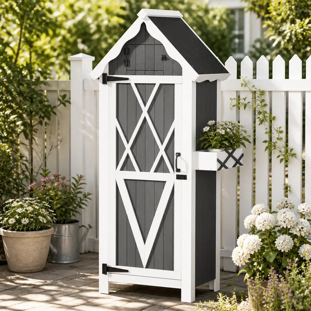 Outdoor Storage Cabinet Wooden Shed Box 3-Tier Shelving Grey White