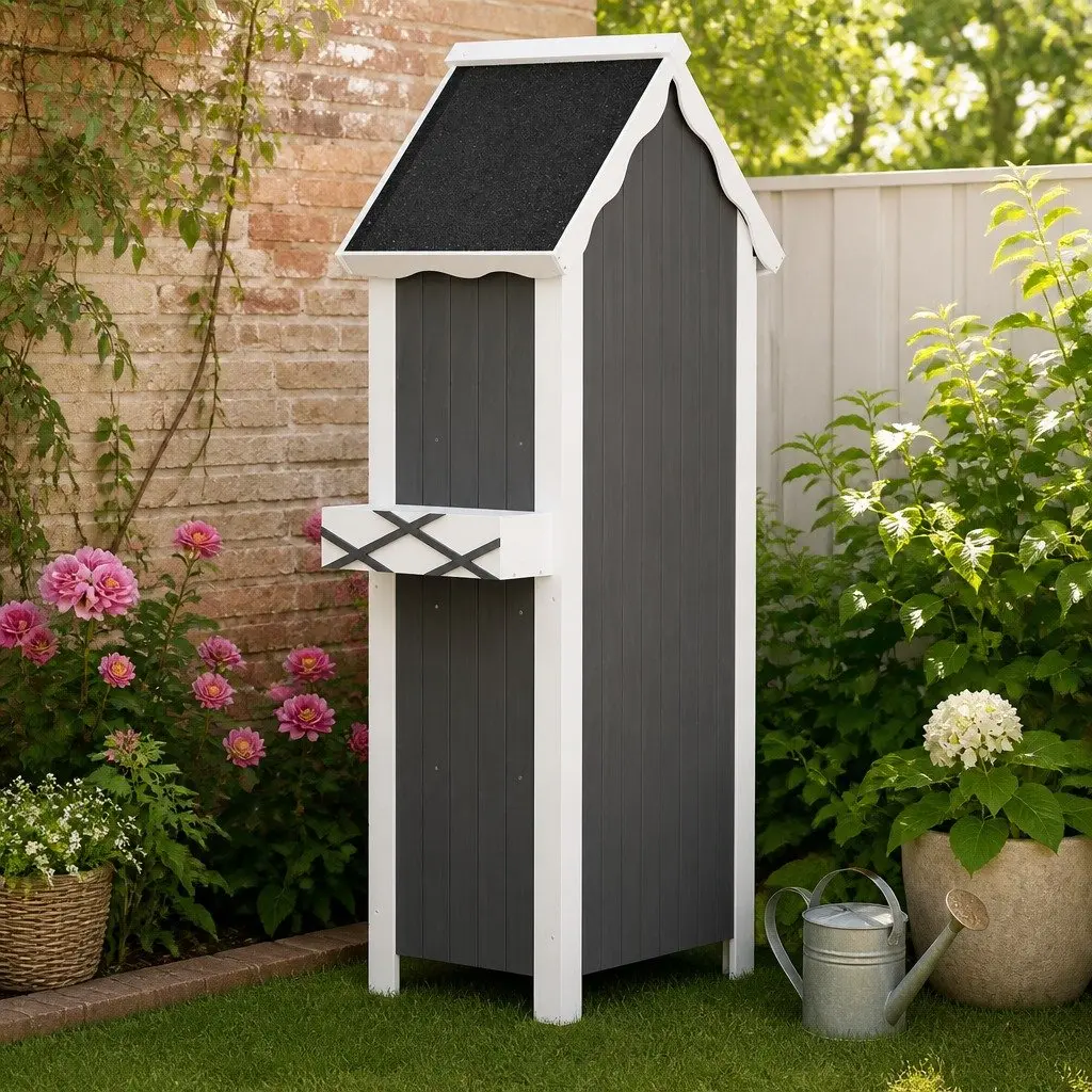 Outdoor Storage Cabinet Wooden Shed Box 3-Tier Shelving Grey White