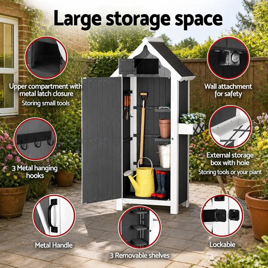 Outdoor Storage Cabinet Wooden Shed Box 3-Tier Shelving Grey White