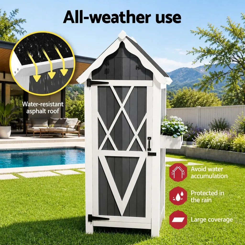 Outdoor Storage Cabinet Wooden Shed Box 3-Tier Shelving Grey White