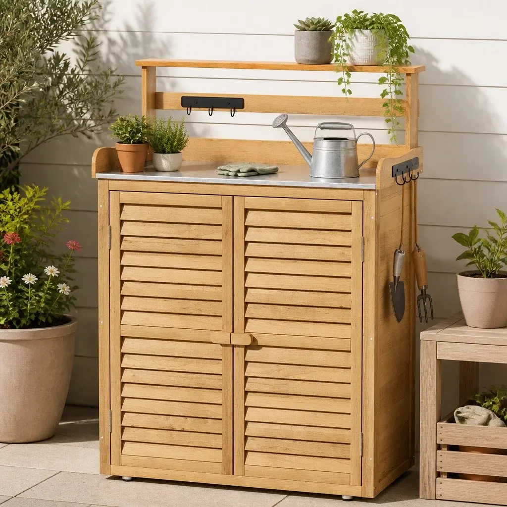 Outdoor Storage Cabinet Potting Bench Workbench Shelving Unit Natural 87L x 45W x 120H cm