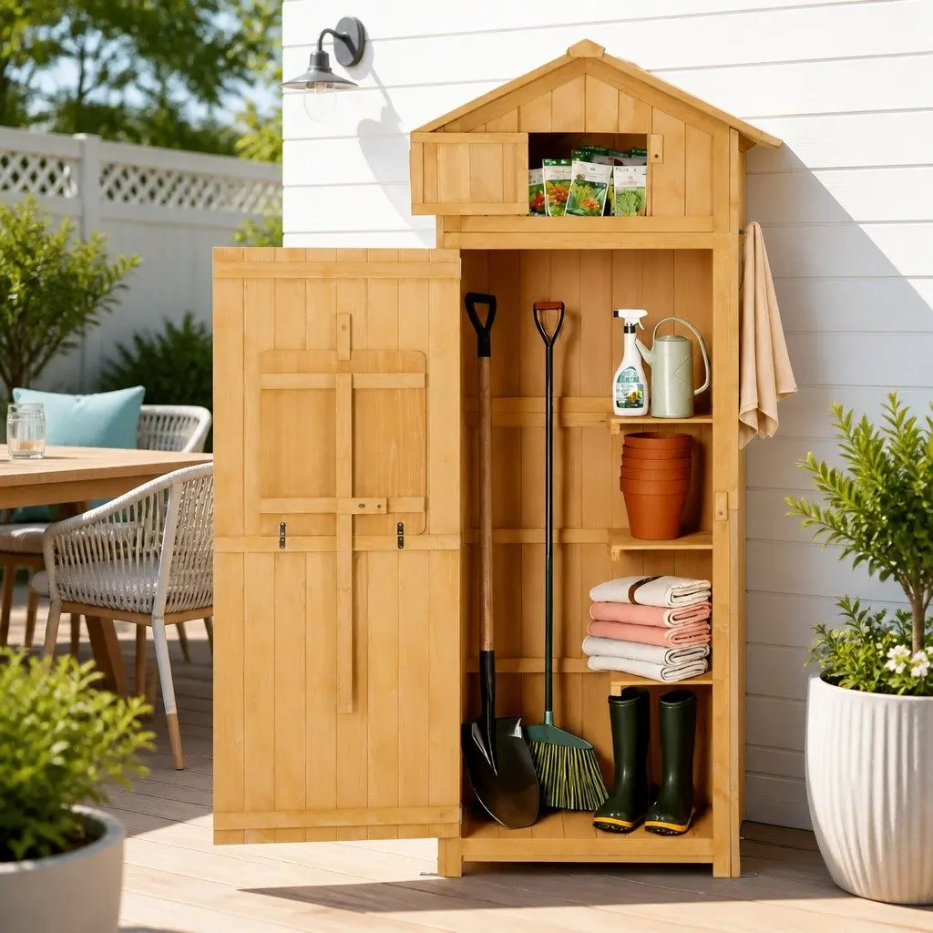 Outdoor Storage Cabinet Tool Organizer with Foldable Work Table Natural 182x42x65 cm