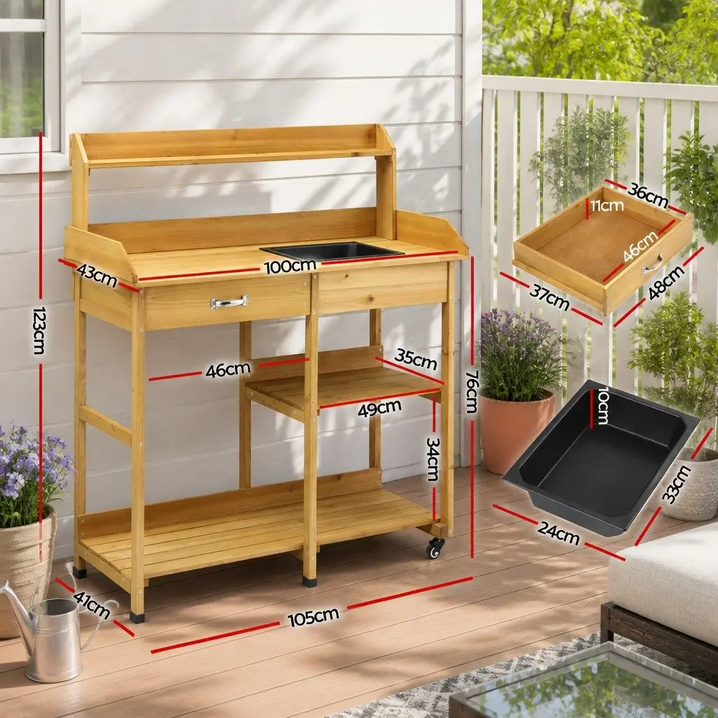Outdoor Potting Bench Garden Workstation Storage Cabinet with Drawers Wheels