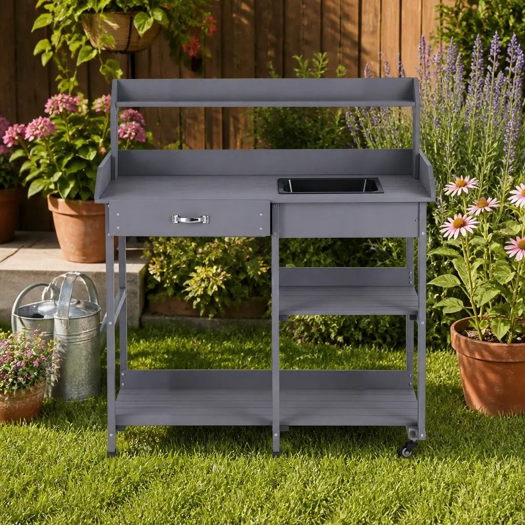 Outdoor Potting Bench Garden Storage Workstation with Sink Wheels and Shelves
