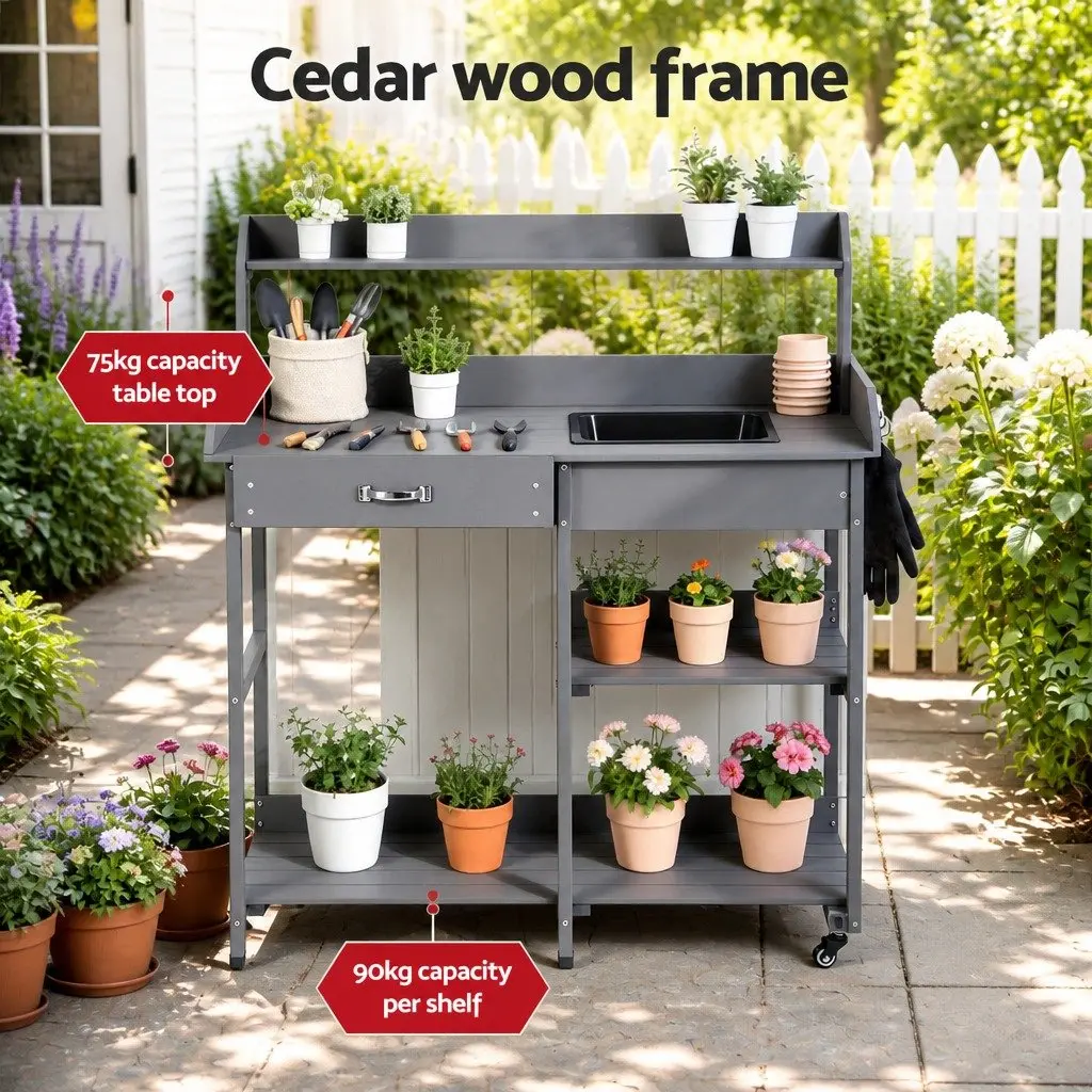 Outdoor Potting Bench Garden Storage Workstation with Sink Wheels and Shelves