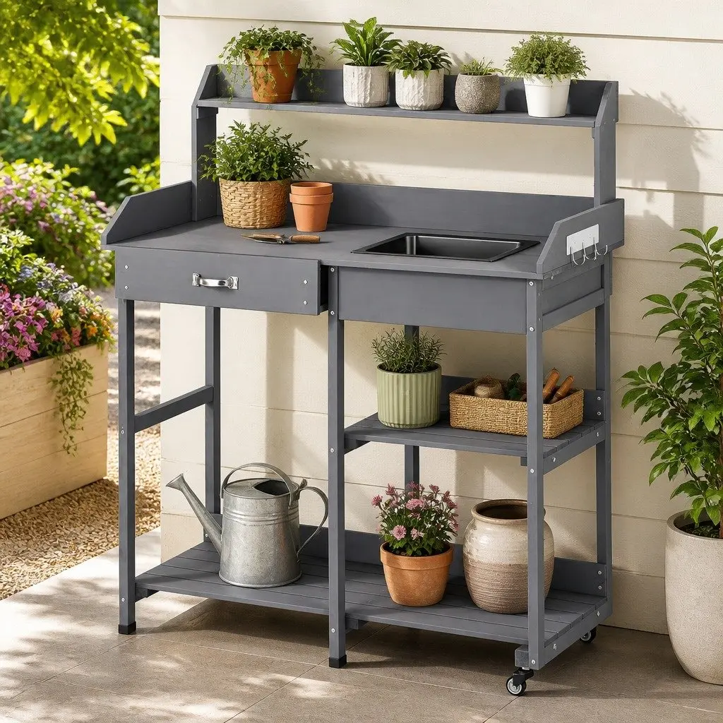 Outdoor Potting Bench Garden Storage Workstation with Sink Wheels and Shelves