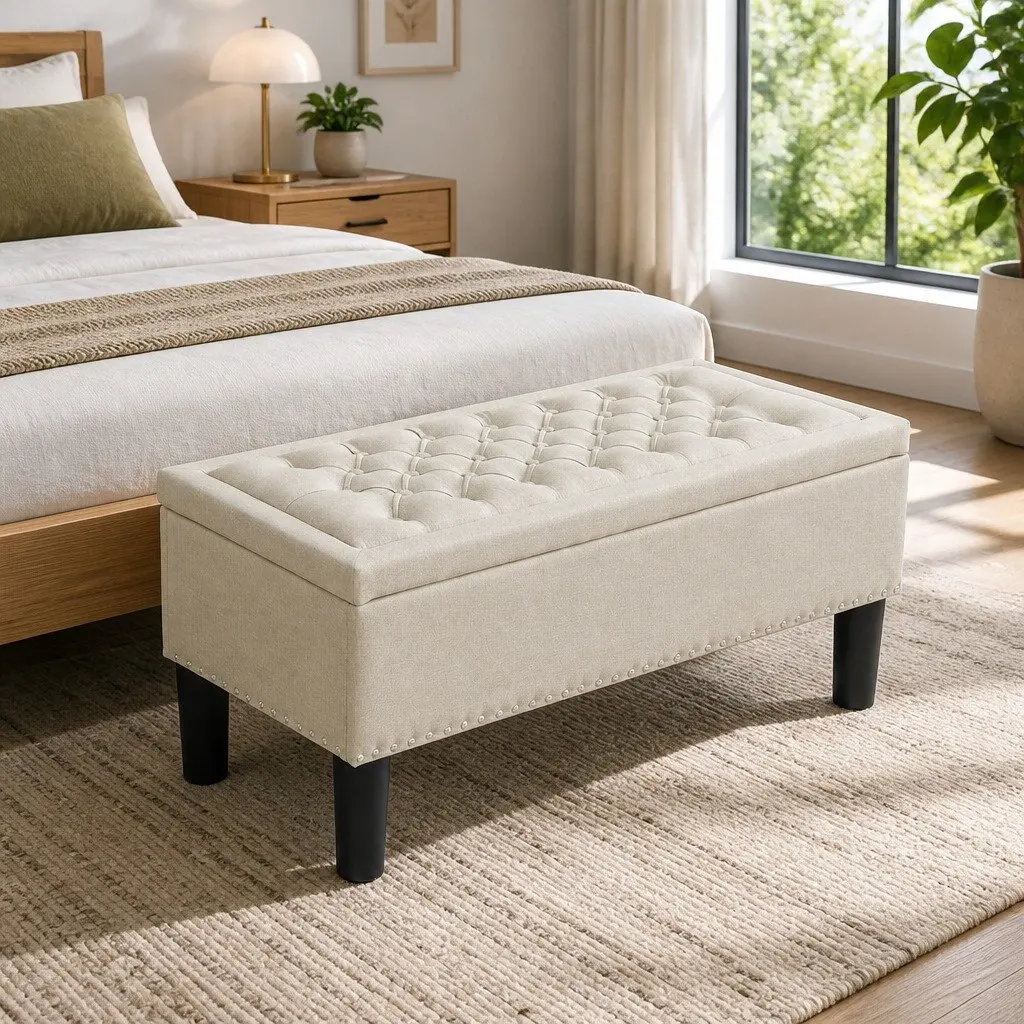 Storage Ottoman Blanket Box 96cm Taupe Linen Footstool Seat Lift Lid