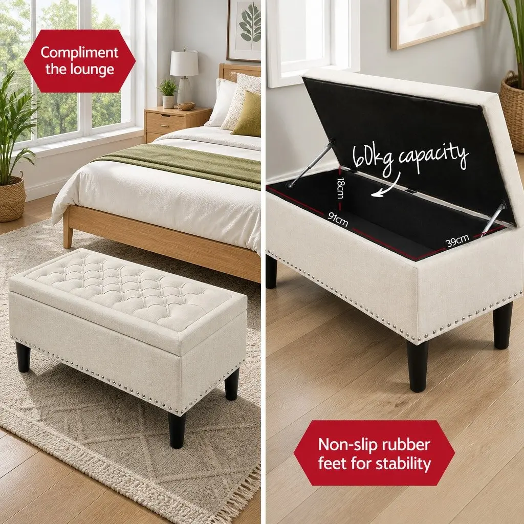 Storage Ottoman Blanket Box 96cm Taupe Linen Footstool Seat Lift Lid