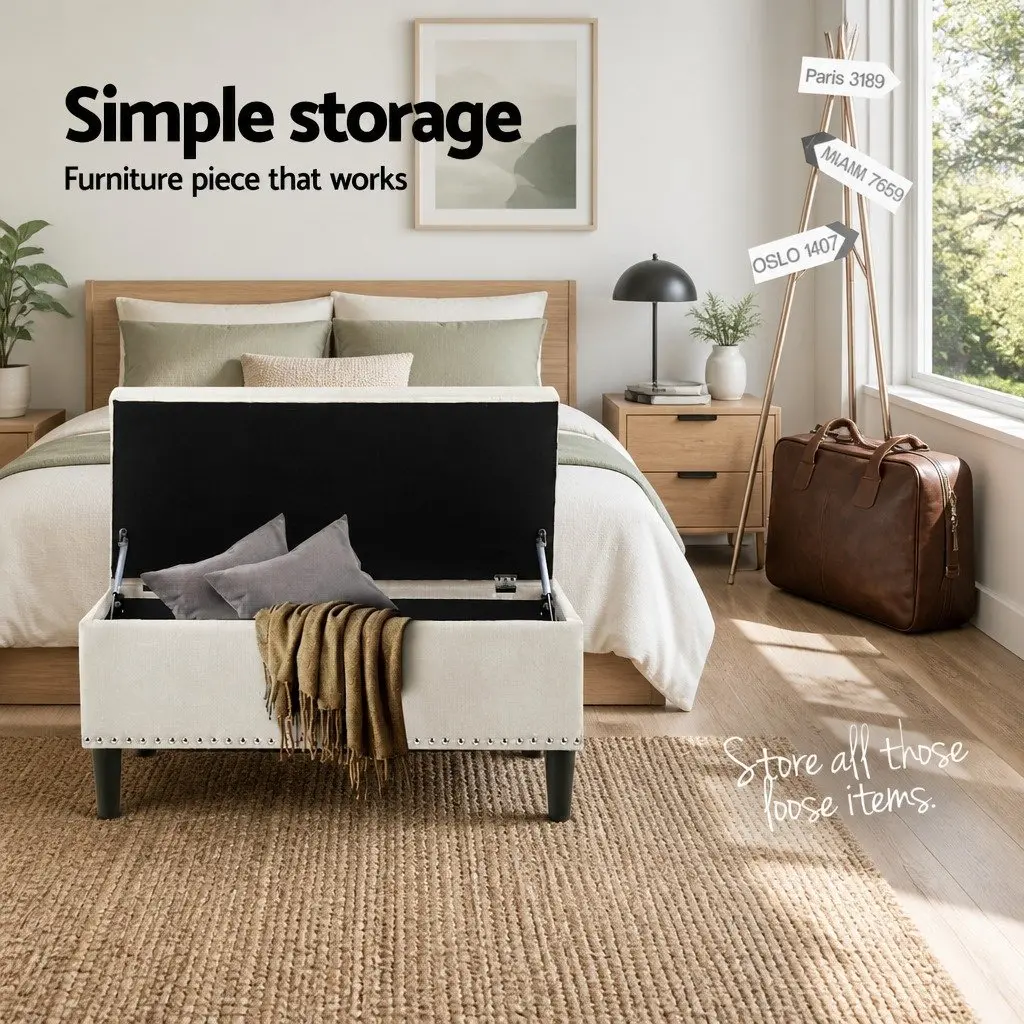 Storage Ottoman Blanket Box 96cm Taupe Linen Footstool Seat Lift Lid