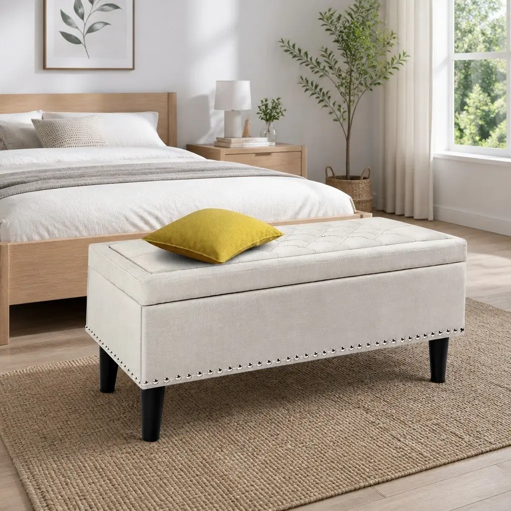 Storage Ottoman Blanket Box 96cm Taupe Linen Footstool Seat Lift Lid