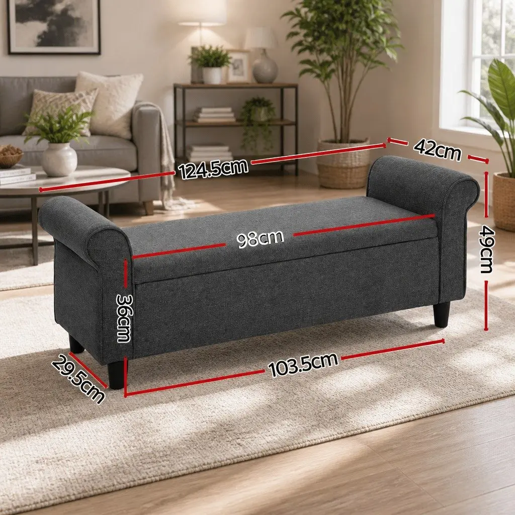 Storage Ottoman Blanket Box 125cm Armrest Lift-up Lid Faux Linen Grey Footstool