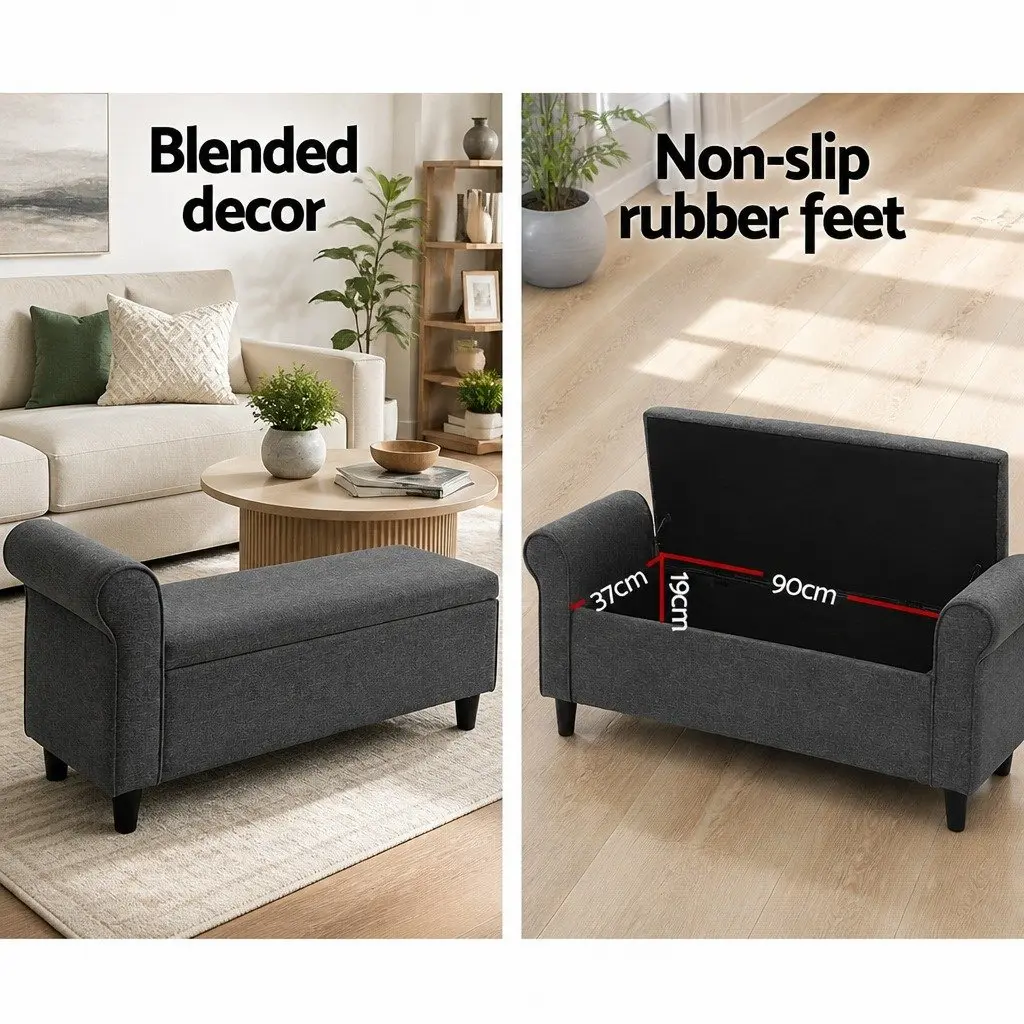 Storage Ottoman Blanket Box 125cm Armrest Lift-up Lid Faux Linen Grey Footstool