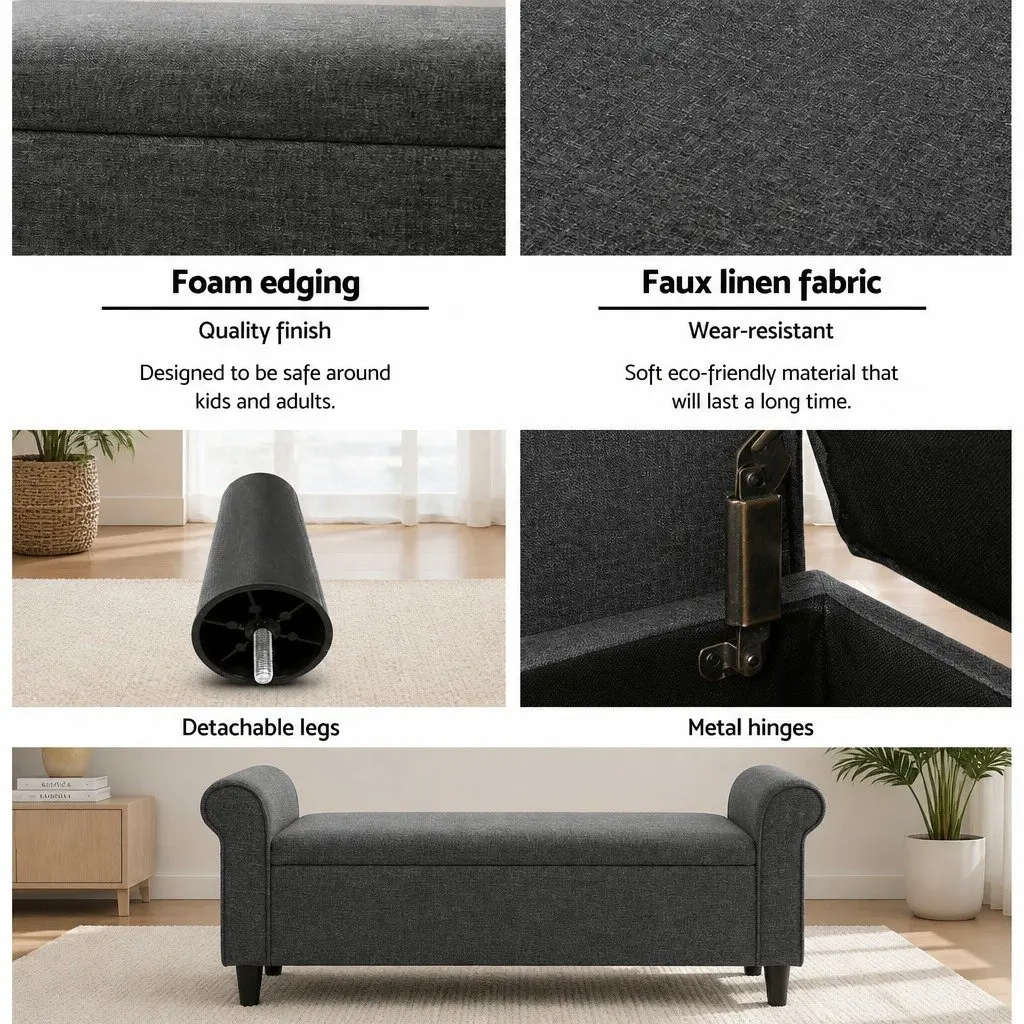 Storage Ottoman Blanket Box 125cm Armrest Lift-up Lid Faux Linen Grey Footstool
