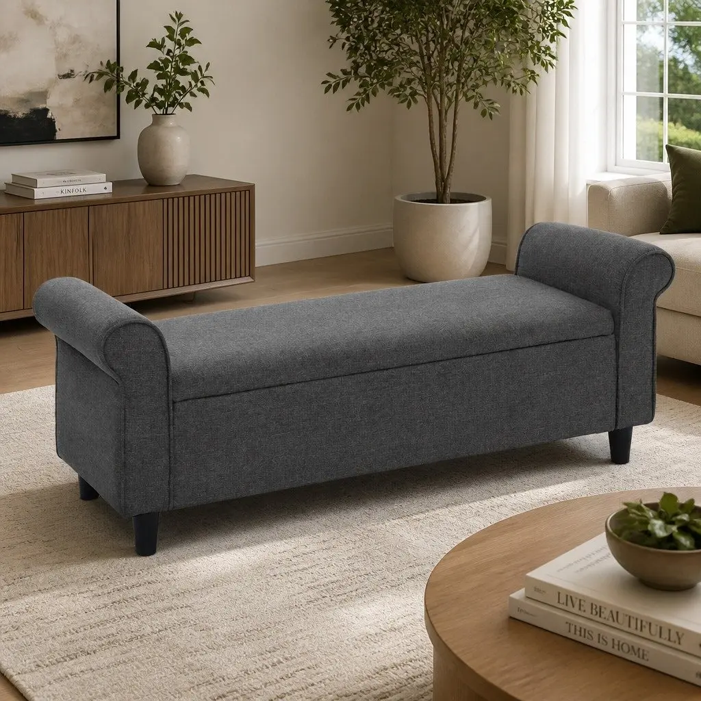 Storage Ottoman Blanket Box 125cm Armrest Lift-up Lid Faux Linen Grey Footstool