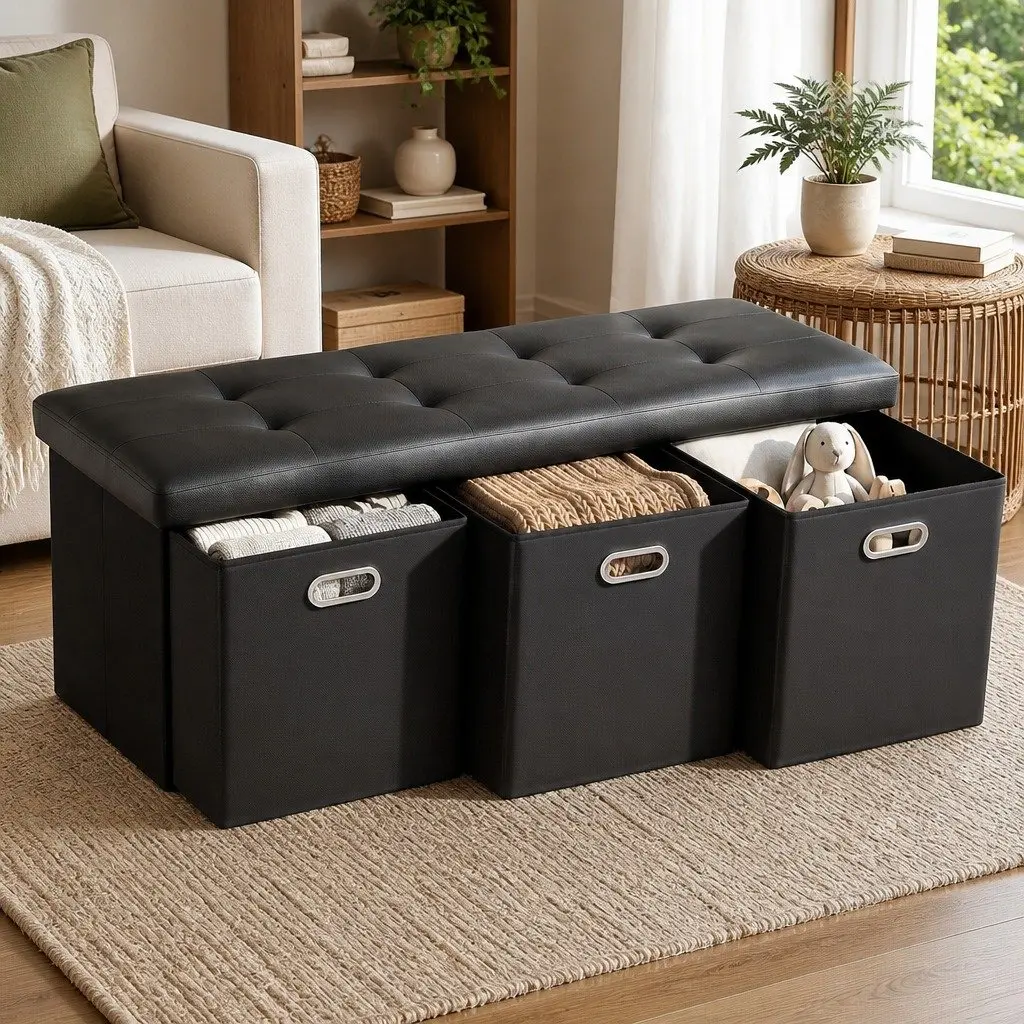 Black Storage Ottoman with Dual Functionality
