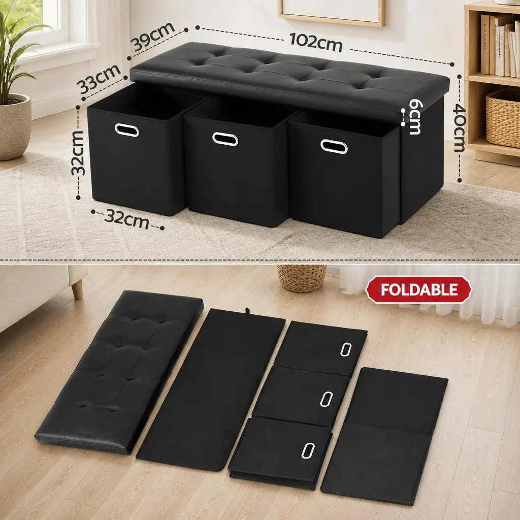 Storage Ottoman Footstool Dual Function 3 Cube Drawers Foldable Seat Rest Black