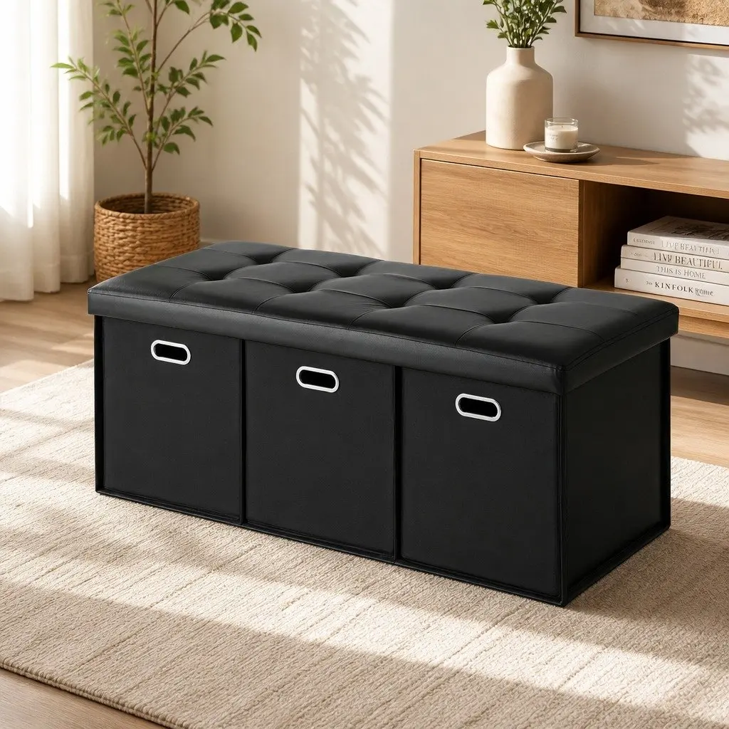 Storage Ottoman Footstool Dual Function 3 Cube Drawers Foldable Seat Rest Black