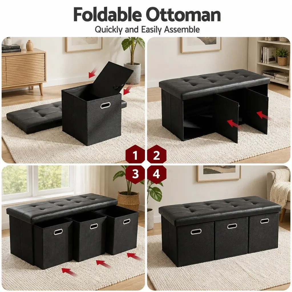 Storage Ottoman Footstool Dual Function 3 Cube Drawers Foldable Seat Rest Black
