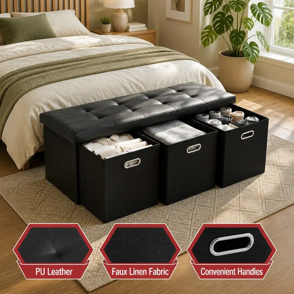 Storage Ottoman Footstool Dual Function 3 Cube Drawers Foldable Seat Rest Black