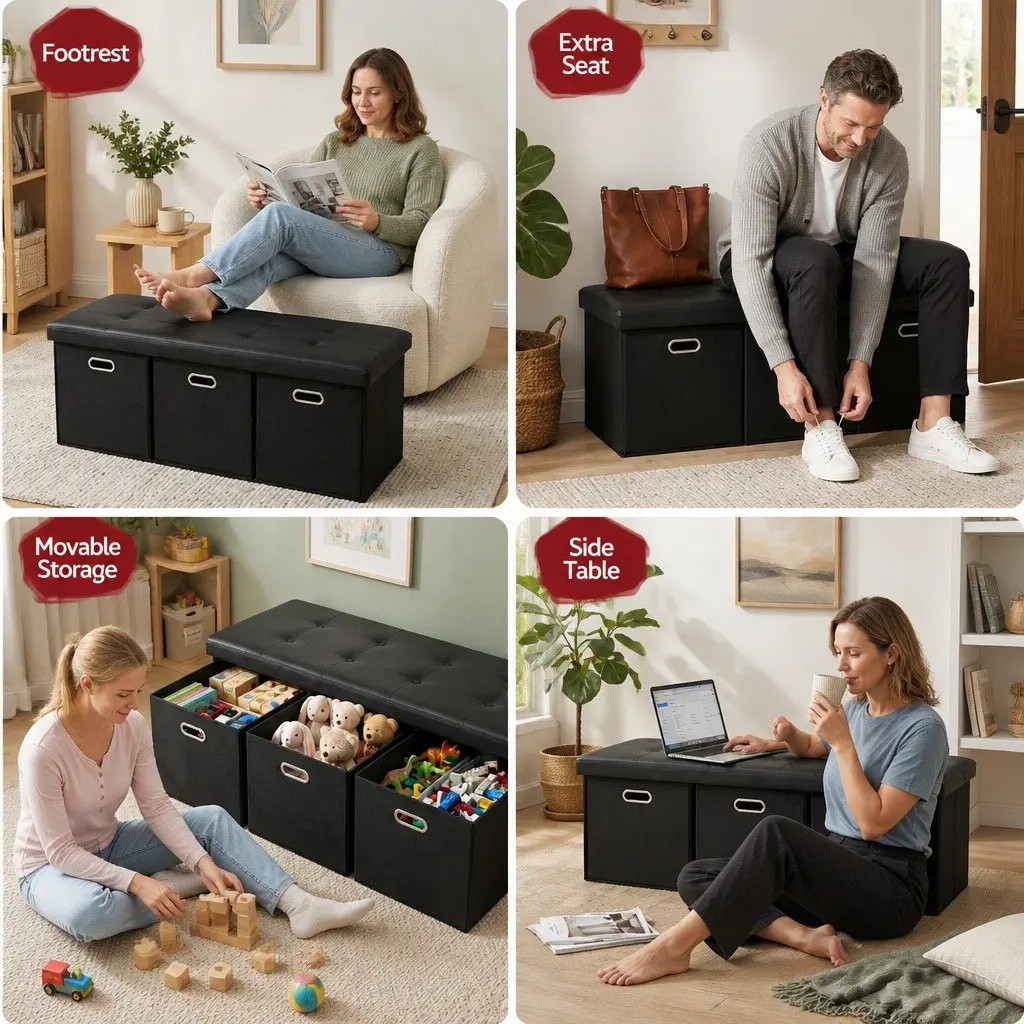Storage Ottoman Footstool Dual Function 3 Cube Drawers Foldable Seat Rest Black