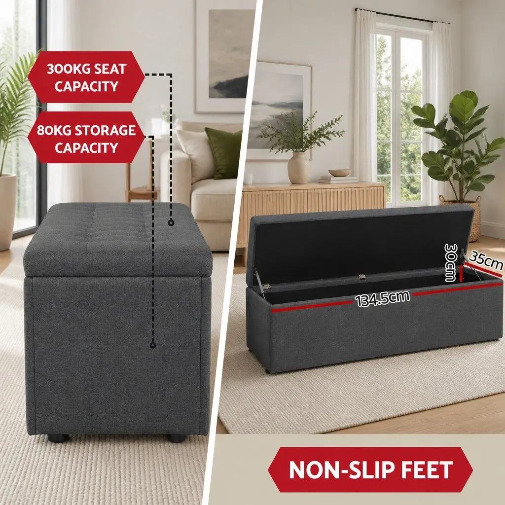 Storage Ottoman Seating 140cm Dark Grey Linen Lift-Up Lid