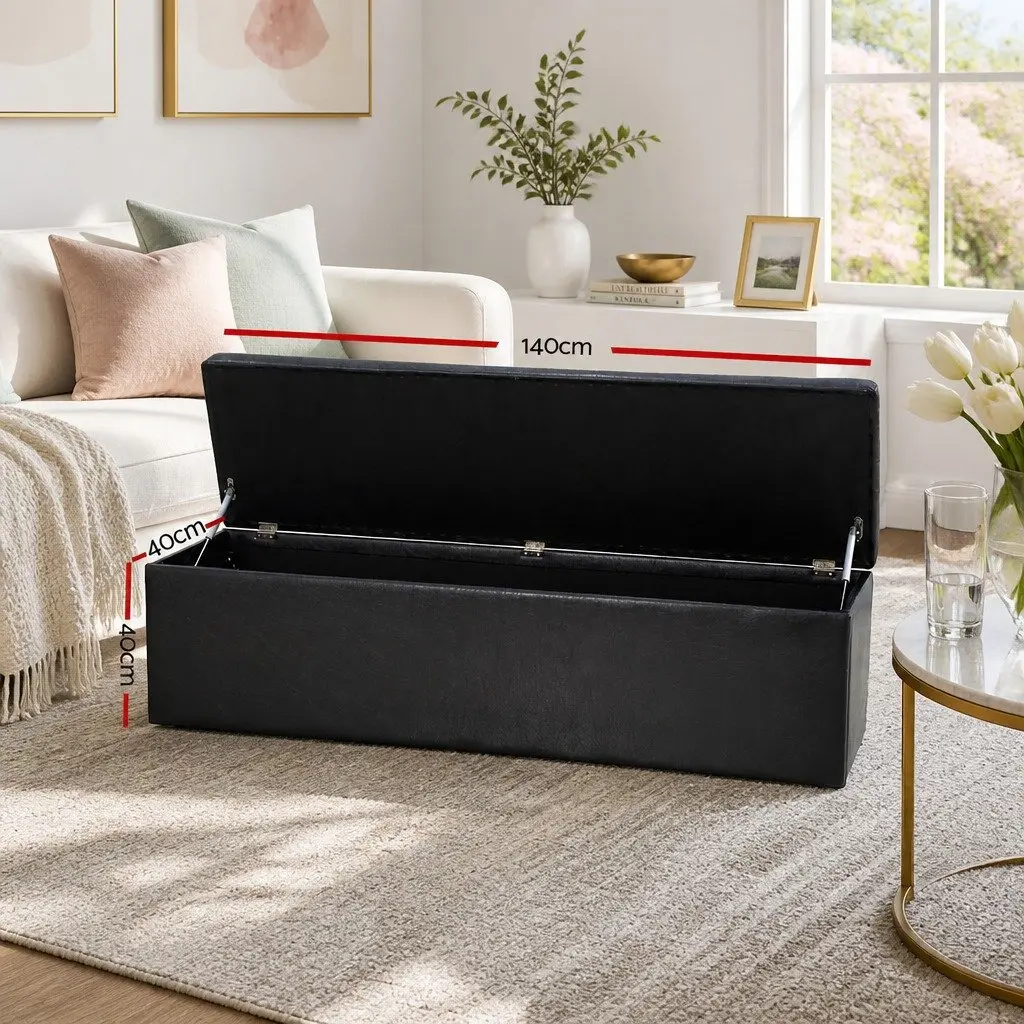 Storage Ottoman Blanket Box 140cm Black Faux Leather Lift-Up Lid Footstool