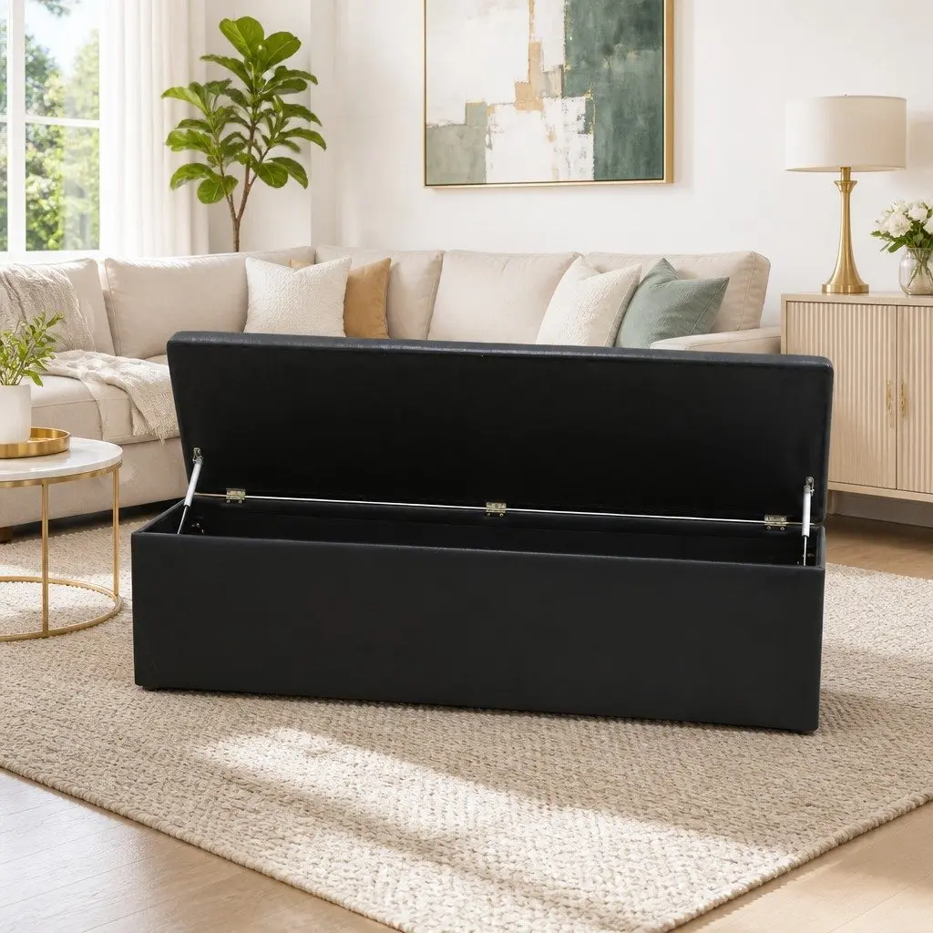 Storage Ottoman Blanket Box 140cm Black Faux Leather Lift-Up Lid Footstool