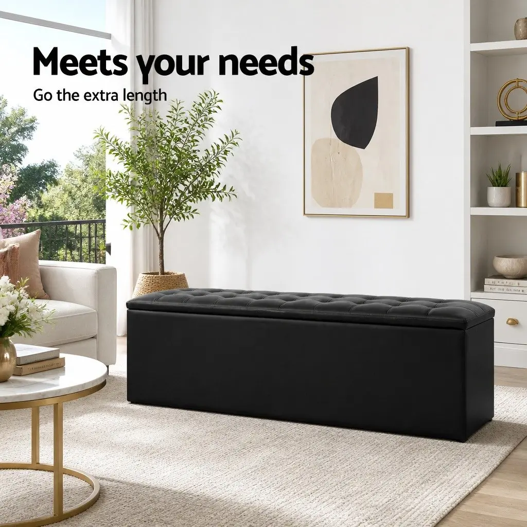 Storage Ottoman Blanket Box 140cm Black Faux Leather Lift-Up Lid Footstool
