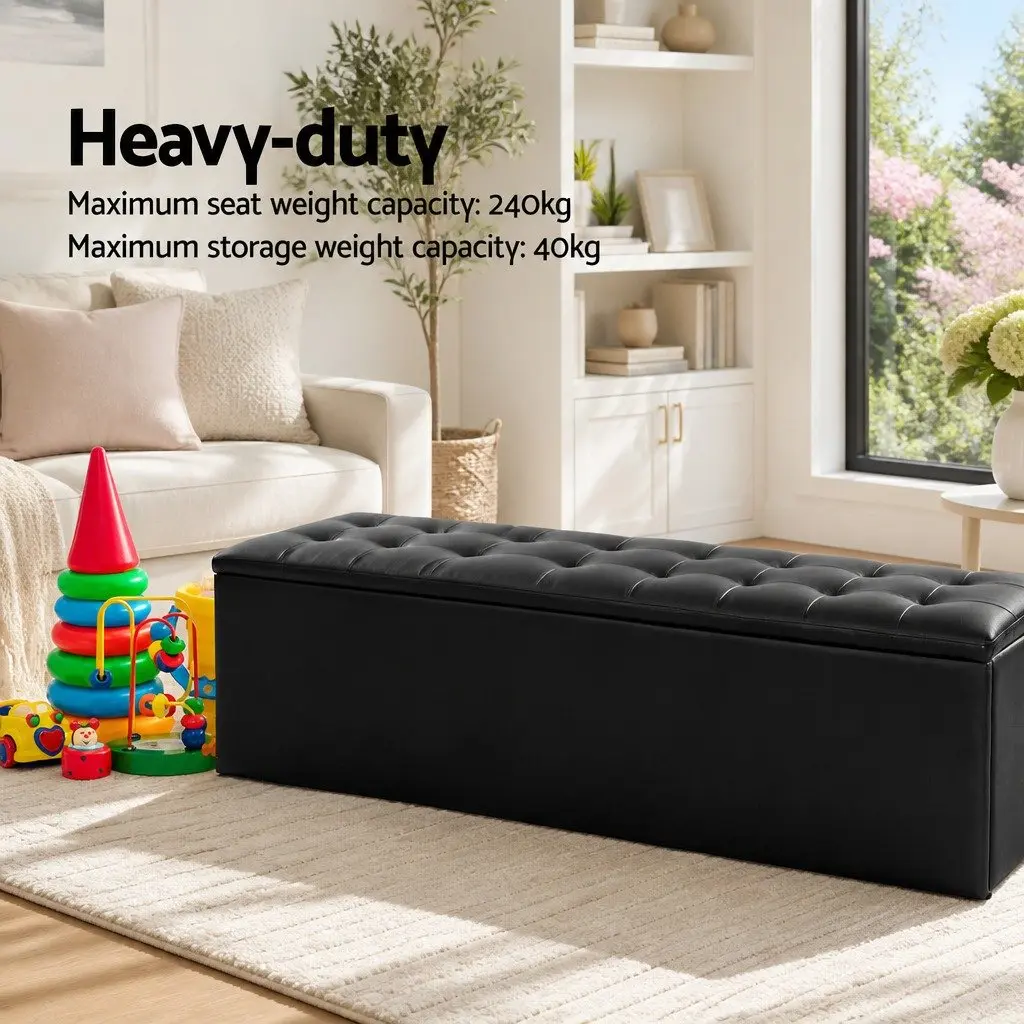 Storage Ottoman Blanket Box 140cm Black Faux Leather Lift-Up Lid Footstool