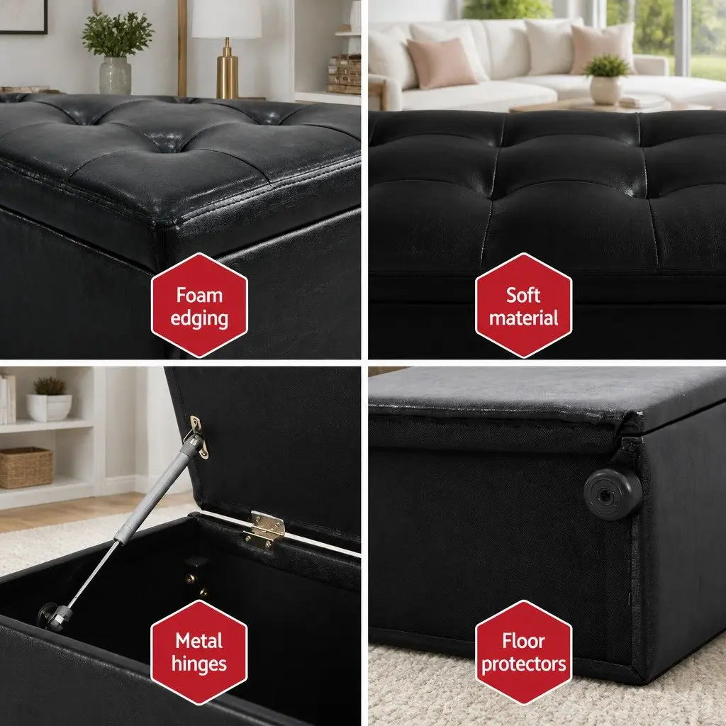 Storage Ottoman Blanket Box 140cm Black Faux Leather Lift-Up Lid Footstool