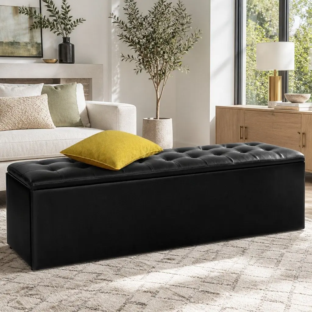 Storage Ottoman Blanket Box 140cm Black Faux Leather Lift-Up Lid Footstool