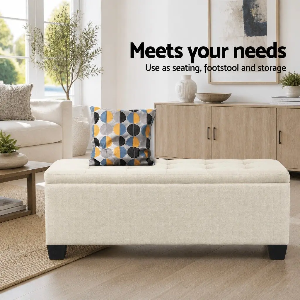 Storage Ottoman Blanket Box 97cm Beige Lift-Up Lid Living Room Bedroom Footrest