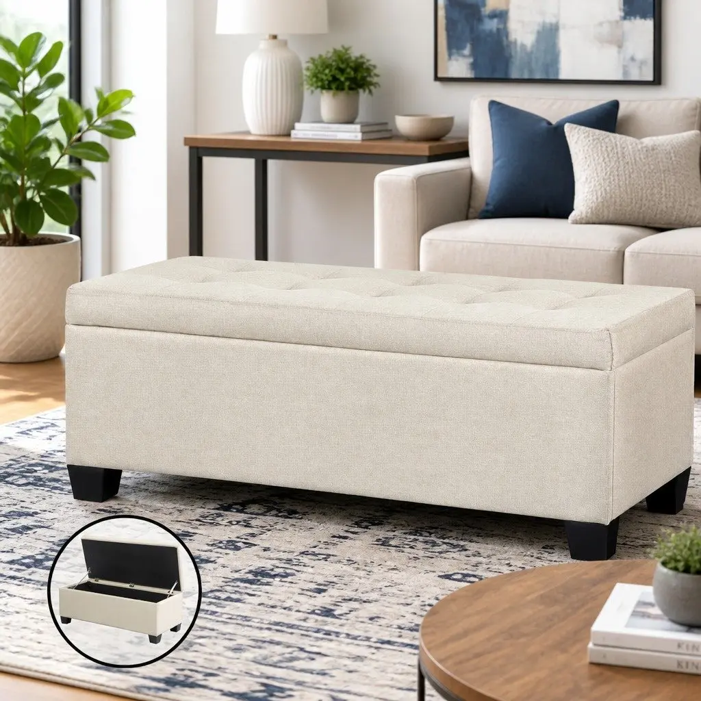Storage Ottoman Blanket Box 97cm Beige Lift-Up Lid Living Room Bedroom Footrest