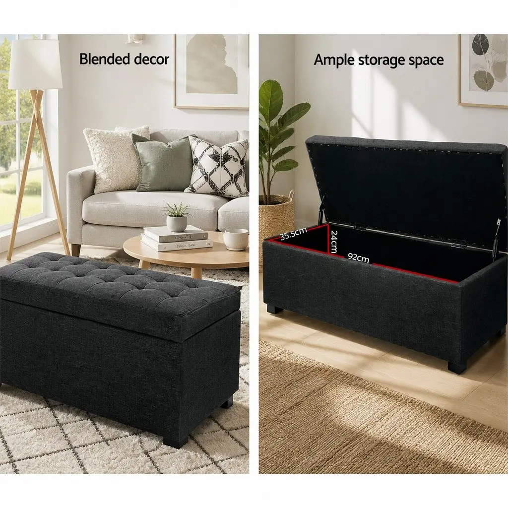 Storage Ottoman Blanket Box 97cm Charcoal Faux Linen Lift-Up Lid