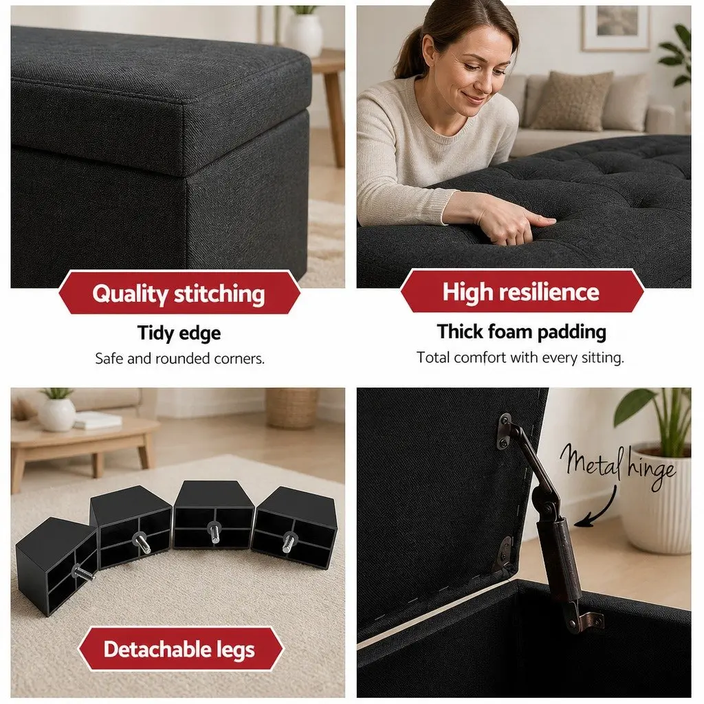 Storage Ottoman Blanket Box 97cm Charcoal Faux Linen Lift-Up Lid
