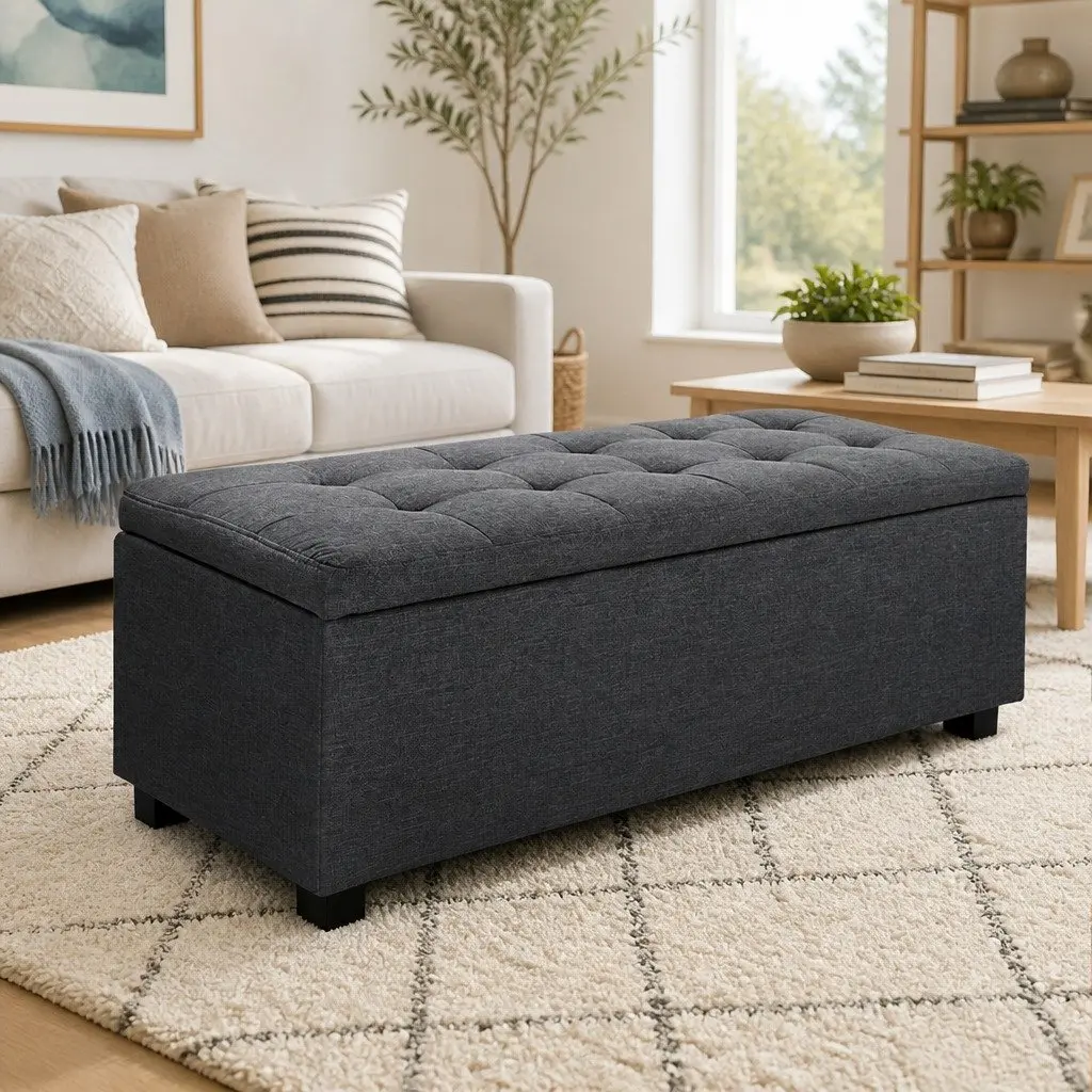 Storage Ottoman Blanket Box 97cm Charcoal Faux Linen Lift-Up Lid