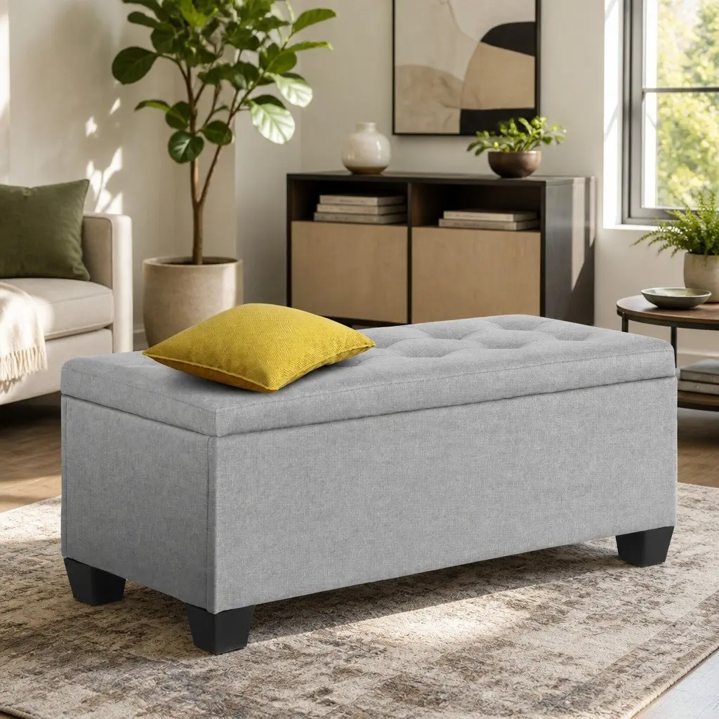 Storage Ottoman Blanket Box 97cm Light Grey Linen Lift-up Lid