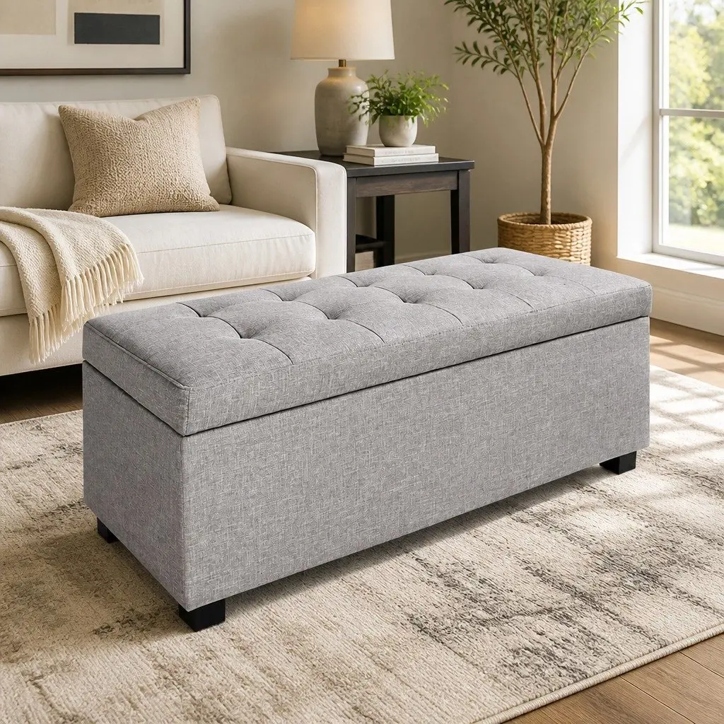 Storage Ottoman Blanket Box 97cm Light Grey Linen Lift-up Lid