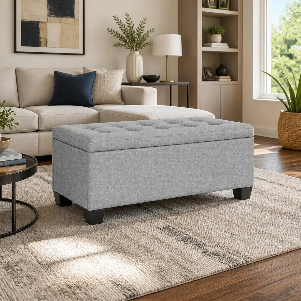 Storage Ottoman Blanket Box 97cm Light Grey Linen Lift-up Lid