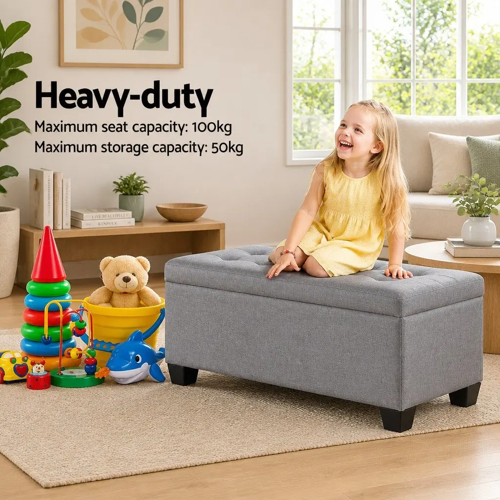 Storage Ottoman Blanket Box 97cm Grey Linen Lift-Up Lid Footrest Furniture