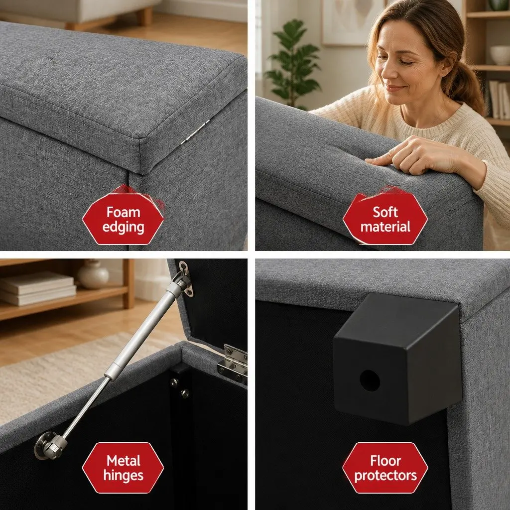 Storage Ottoman Blanket Box 97cm Grey Linen Lift-Up Lid Footrest Furniture