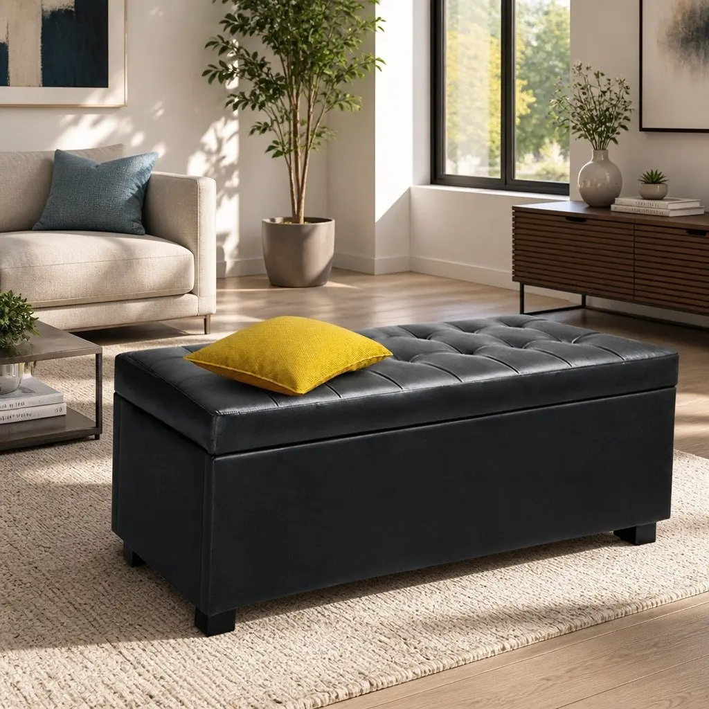 Storage Ottoman Lift-Top 97cm Black Furniture Living Room Footrest