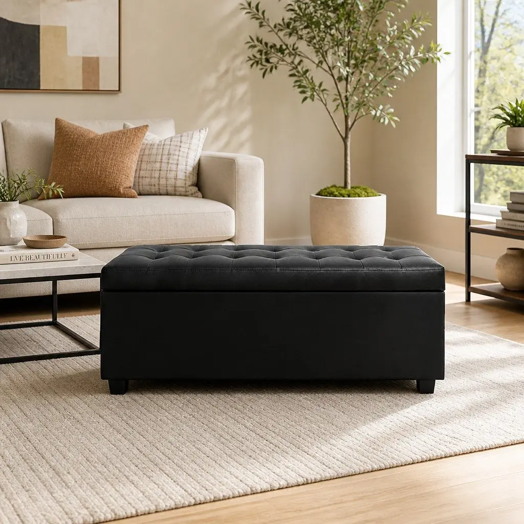 Storage Ottoman Lift-Top 97cm Black Furniture Living Room Footrest