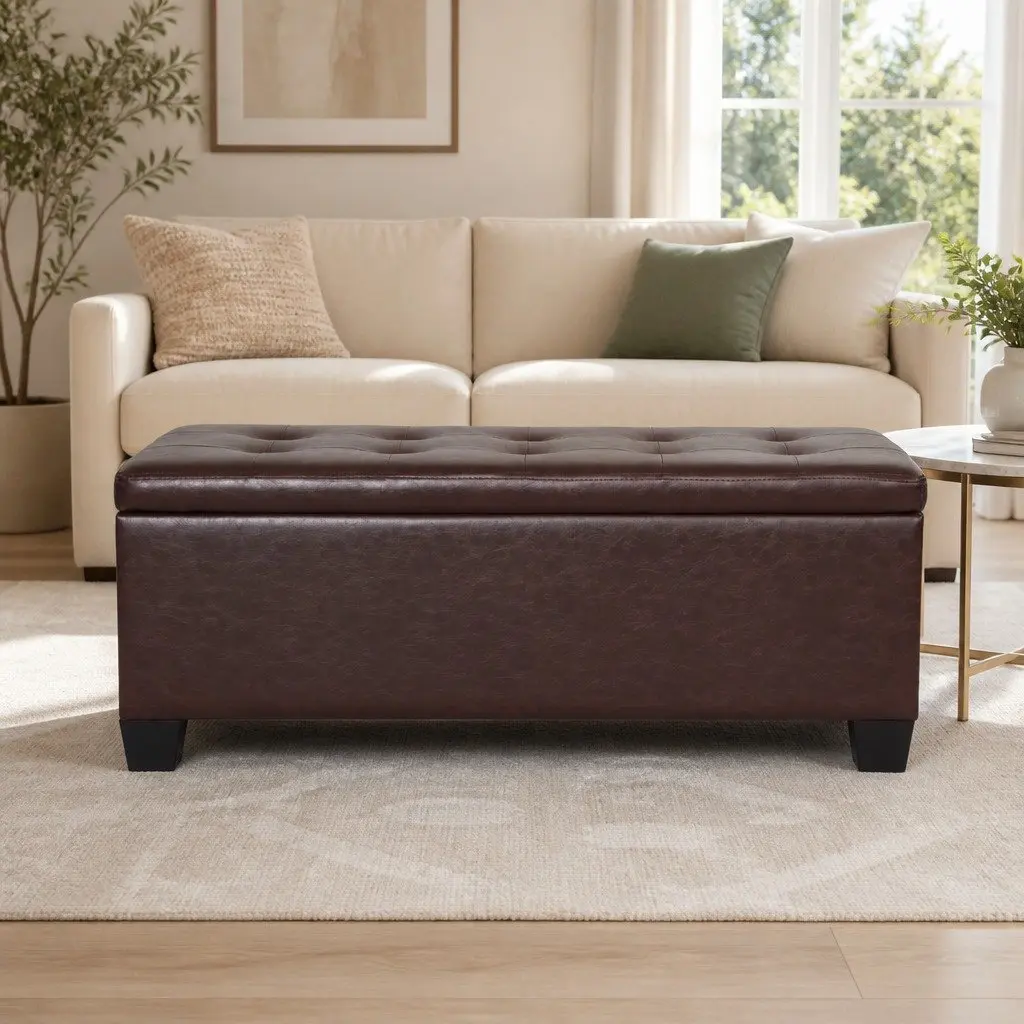 Storage Ottoman Blanket Box 97cm Brown Faux Leather Lift-Up Lid Furniture