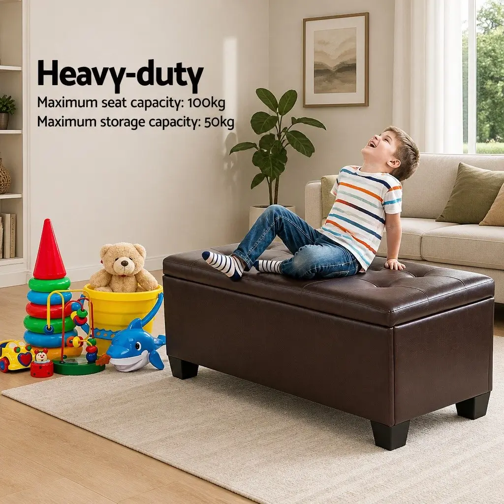 Storage Ottoman Blanket Box 97cm Brown Faux Leather Lift-Up Lid Furniture