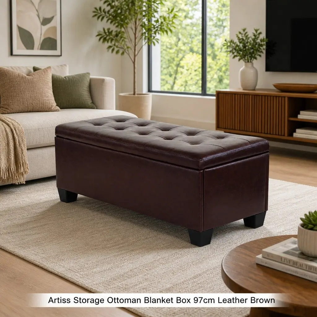 Storage Ottoman Blanket Box 97cm Brown Faux Leather Lift-Up Lid Furniture